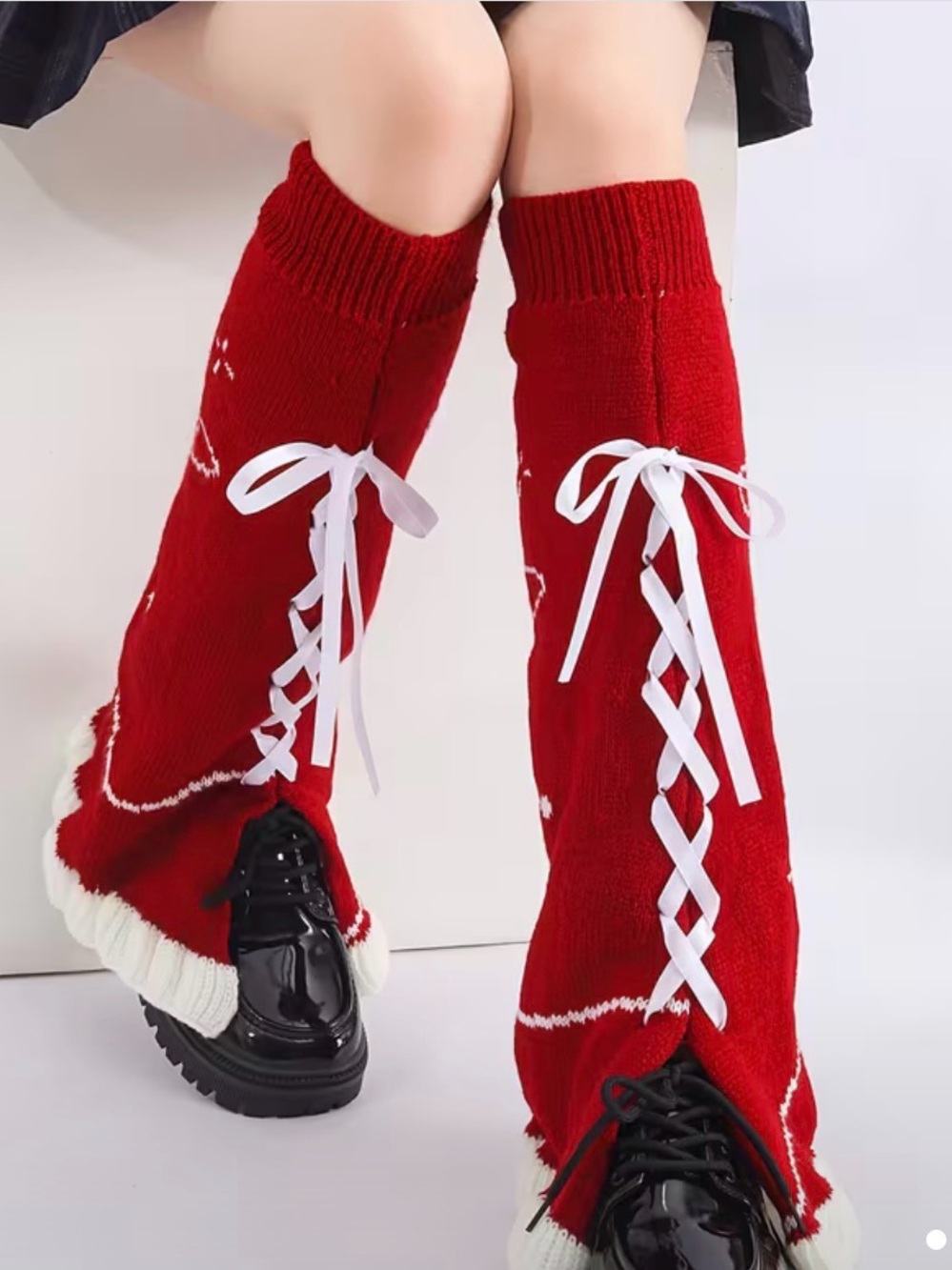 Red Lace-Up Knee-High Knit Leg Warmers with White Ribbon